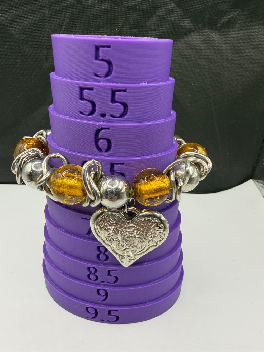 Silver Heart Charm Bracelet with Amber Glass Beads - Silver